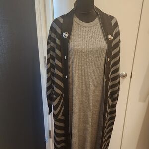 Gray and Black Striped Cardigan with Dress